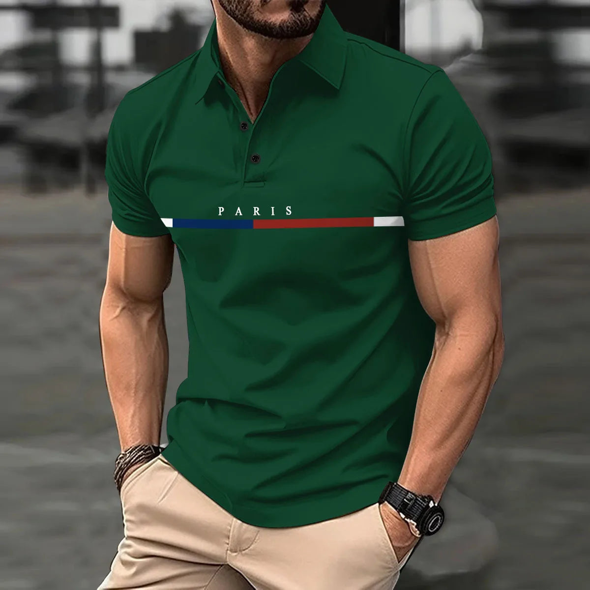 Fashionable men's new summer short-sleeved printed striped French color button lapel POLO shirt sports casual slim shirt Fashionable men's new summer short-sleeved printed striped French color button lapel POLO shirt sports casual slim shirt